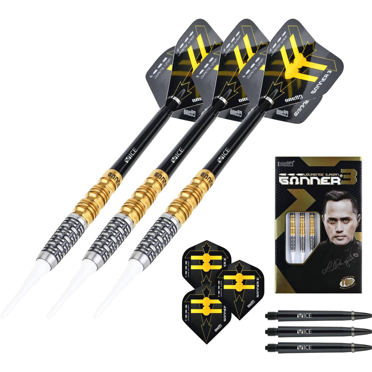 One80 Gunner III Darts - Soft Tip - Lourence Ilagan - Black & Gold